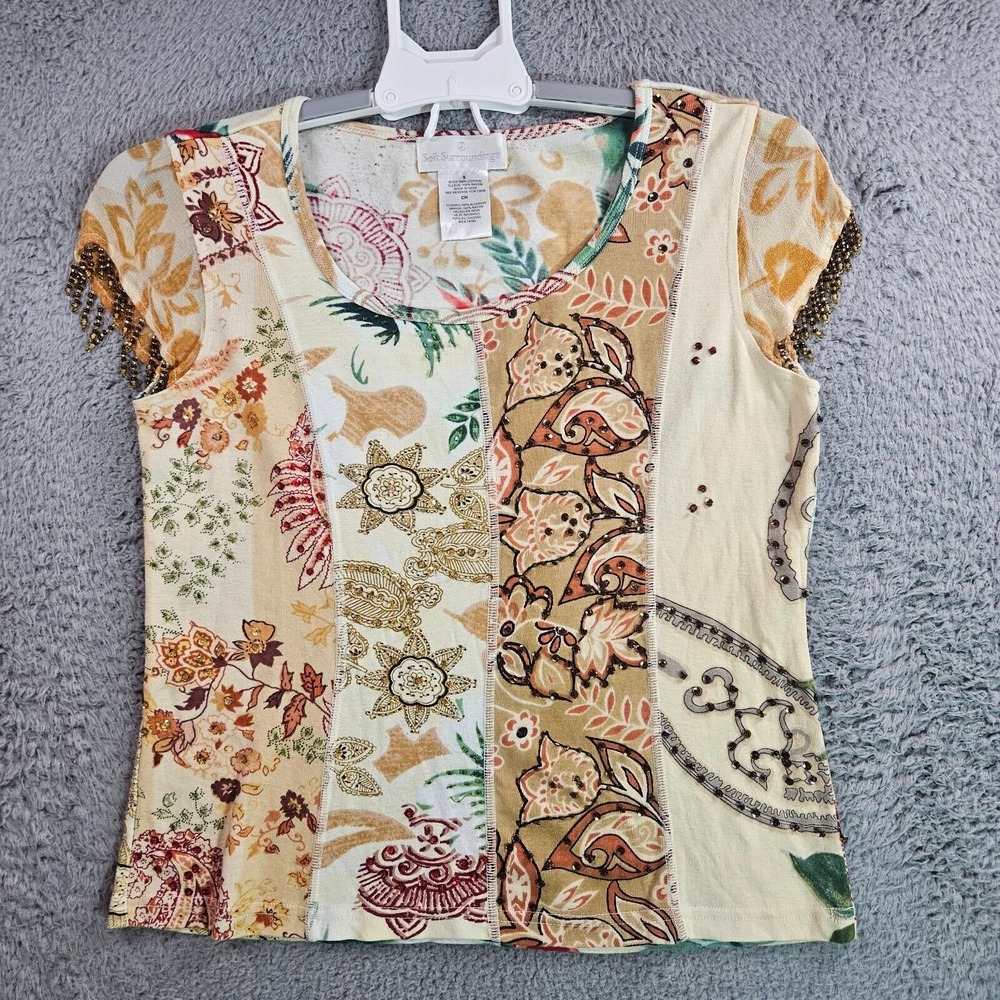 VTG Soft Surroundings Tee Top Women Small‎ Bead Sequin Embellished Tassel